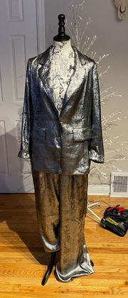 NWT Loungewear Matching Set Blazer Trousers Pullover Pewter Shiny Metallic