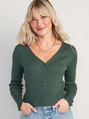 Long-Sleeve Cropped Rib-Knit Cardigan Sweater