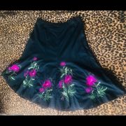 Black Cotton Fuchsia Floral Embroidered Skirt 14