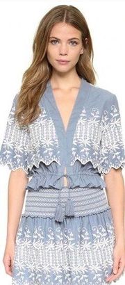 LoveShackFancy Georgia Floral Embroidered Chambray Top Size US 2