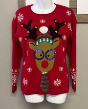 United States Sweater Red Christmas Crewneck Sweater with Reindeer & Bells-Small