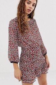 Ba&sh Billy Ruched Floral Mini Dress Flounced Hem Red Bordeaux Women’s Size XS