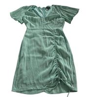 Dee Elly Dress Women Small Blue Green Short Sleeve Tie Side V Neck Mini Rayon