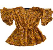 Blue Rain Shirt Womens X Small Yellow Orange Floral Ruffle Surplice Peplum Poly