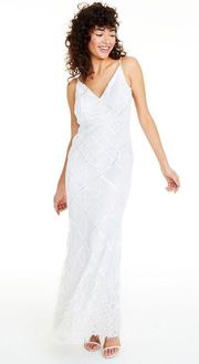 White Sequined Feather-Trim Gown Dress