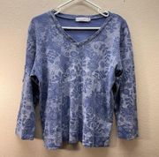 FRESH PRODUCE  Blue Floral Print Knit Top Fitted Cropped 3/4 Sleeve Cotton LARGE