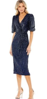 NWT Mac Duggal Sequined V Neck Short Puff Sleeve Midi Dress