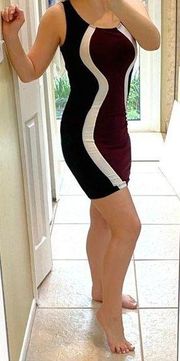 Colorblock Hourglass Fitted Bodycon Dress XS Black Burgundy White