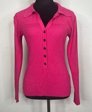 Karl Lagerfeld Ribbed Button Front Collared Long Sleeve Stretchy Sweater