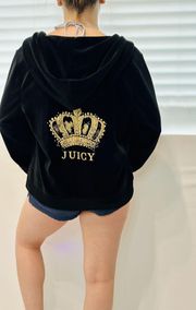 Vintage Y2K  Crown Mar Black & Gold Velour/Velvet Zip-Up Hoodie - L