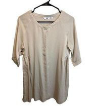 Uniqlo Beige Button Up Tunic Dress Ruffle Detail Short Sleeves Size Medium