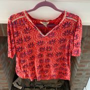 Lucky Brand Medium Womens V Neck Relaxed Blouse Red Floral