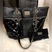 Nine West black patent leather tote & wallet set