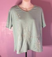 CLASSIC Elements Pale Blue Blouse Embroidered Flowers Petite Size XL