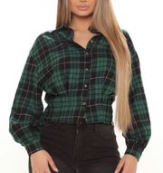 Green & Black Plaid Button Down Blouse