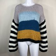 BlankNYC Wool Mix Crochet Multicolor Colorblock & Striped Chunky Sweater