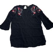 BB Dakota Dress Womens Medium Black Floral Embroidered Long Sleeve Mini Shift