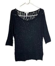Women's Ambiance Apparel 3/4 Sleeve Soft Sheer Lace Top Black Size M