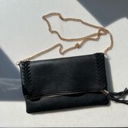 MODA Luxe NWOT Black Vegan Faux Leather Fold over Clutch Gold Chain Strap