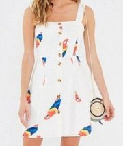 Farm Rio Anthropologie Parrot Macaw Bird Tropical Linen Dress XS Vacation White