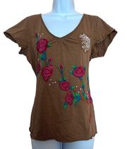 Johnny Was brown floral embroidered cotton short sleeves top size‎ Large