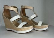 Antonio Melani Cam Wedge Heel size 9.5 Tan & White Strappy zippered Casual