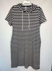 West Loop Women's Stripes Hooded Shift Mini Dress Blue & White Large NWOT