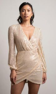 One Way TICKET LONG SLEEVE SURPLICE DRESS IN GOLD