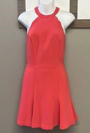 Coral Sleeveless Scalloped Detail Flare Dress w/ High Neck & Pleats- Size 4