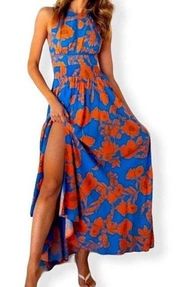 Abel the Label ATL Charlie Maxi Halter Dress XS Blue & Orange Floral Slit Anthro