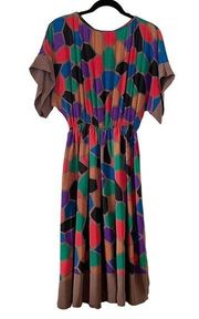 Vintage Soo Yung Lee geometric multicolor 100% silk short sleeve midi dress