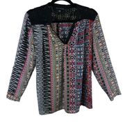 Zac & Rachel Colorful Patterned Lightweight Long Sleeve Collared Blouse Lace M