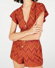 Free People Orange zigzag pattern Phoenix button front playsuit romper never worn w/ pockets