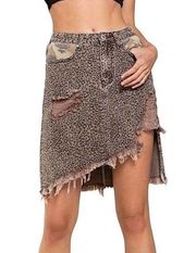 POL Womens Asymmetrical Distressed Animal Camo Print Denim Skirt Size S Brown