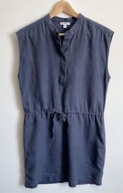 James Perse Dress 2 M 100% Linen Drawstring Waist Sleeveless Blue Luxury Cinched