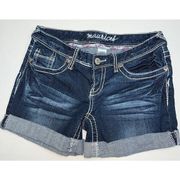 Maurices Womens Blue Jean Shorts Size 3/4 Dark Denim Stretch Emma Flap Pockets