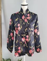 August Silk Intimates Black Floral Button Down Top M