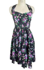 Hell Bunny Vixen Halter Top Fit & Flare Dress in Dark Floral Size Small