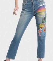 ALICE + OLIVIA AO LA High Rise Girlfriend Embroidered Mountain Jeans, Size 25