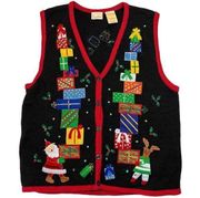 Vintage Bobbie  Sweater Vest Holiday Christmas Presents Black Size XL