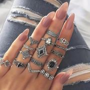 15 pc set Retro Midi Rings - silver/black