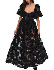 NWT For Love & Lemons Astrid Black Puff Sleeve 3D Floral Maxi Dress MEDIUM