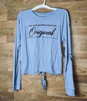 On Fire Size XL Cropped Blue Crewneck Long Sleeved Top with Black Writing