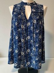 Sophie Rue blue/cream floral sleeveless blouse with front cutout sz S