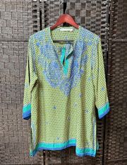 Gretchen Scott Womens Tunic Top X-Large Green Blue Embroidered