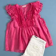 Evona Pink Silk Short Sleeve Ruffle Blouse
