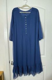 Talbots Blue Button-Down Pleated Ruffled Hem Shift Dress, Size 14