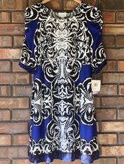 NWT Donna Morgan Scarf Print Shift Dress Blue & Black Womens Sz 10  MOD …