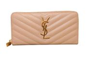 Yves Saint Laurent Cassandra Matelassé Zip Around Wallet Caviar Beige Pink Gold