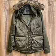 Express olive green faux fur hooded silky winter jacket, size M